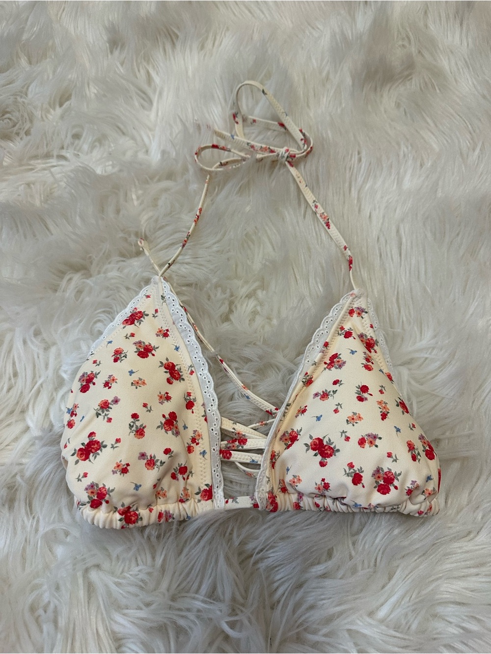 PARKE Cream Floral Triangle Bikini Top with Red Rose Print